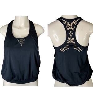 Gianni Bini Black Blouson Tankini Swimsuit Top Laser Cut Back Size Small